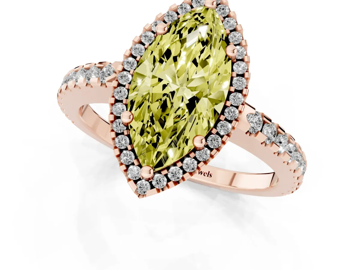 Fancy Yellow Marquise Cut Diamond Halo Engagement Ring with Pavé Band and Prong Setting Rose gold