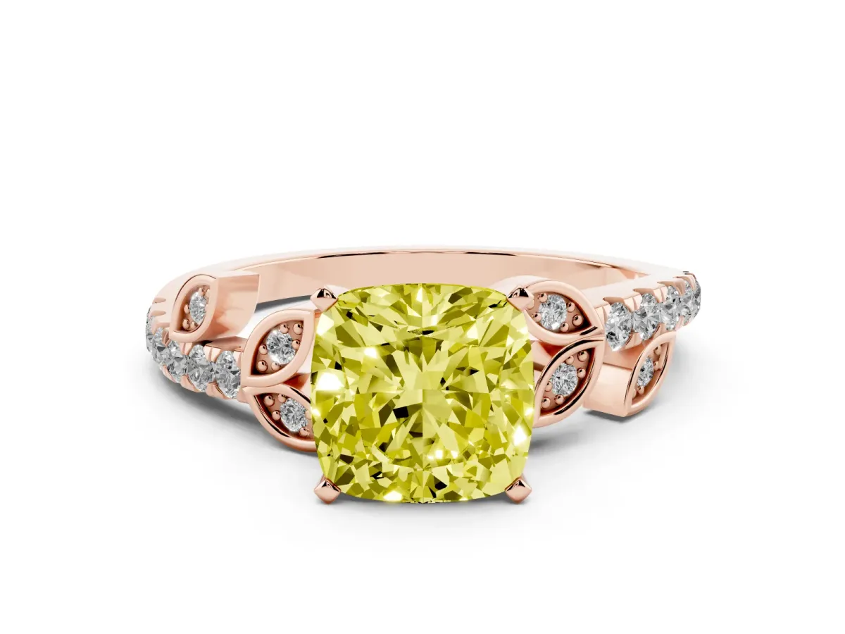 Fancy Yellow Cushion Cut Solitaire Leaf-Inspired Diamond Ring with Pavé Band and Four-Prong Setting Rose gold