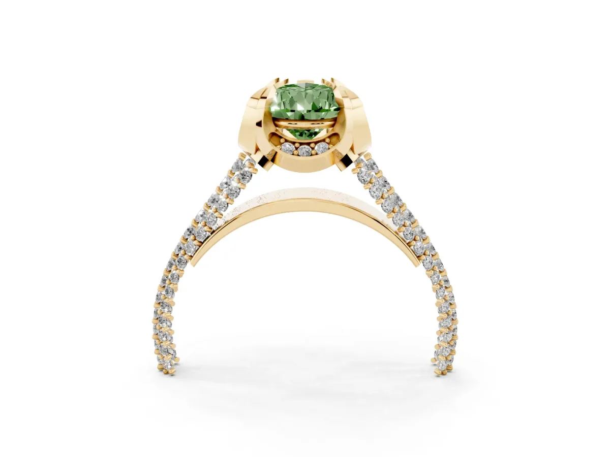 Fancy Green Pear Cut Solitaire Pave Split Shank Ring with Four-Prong Setting Yellow gold
