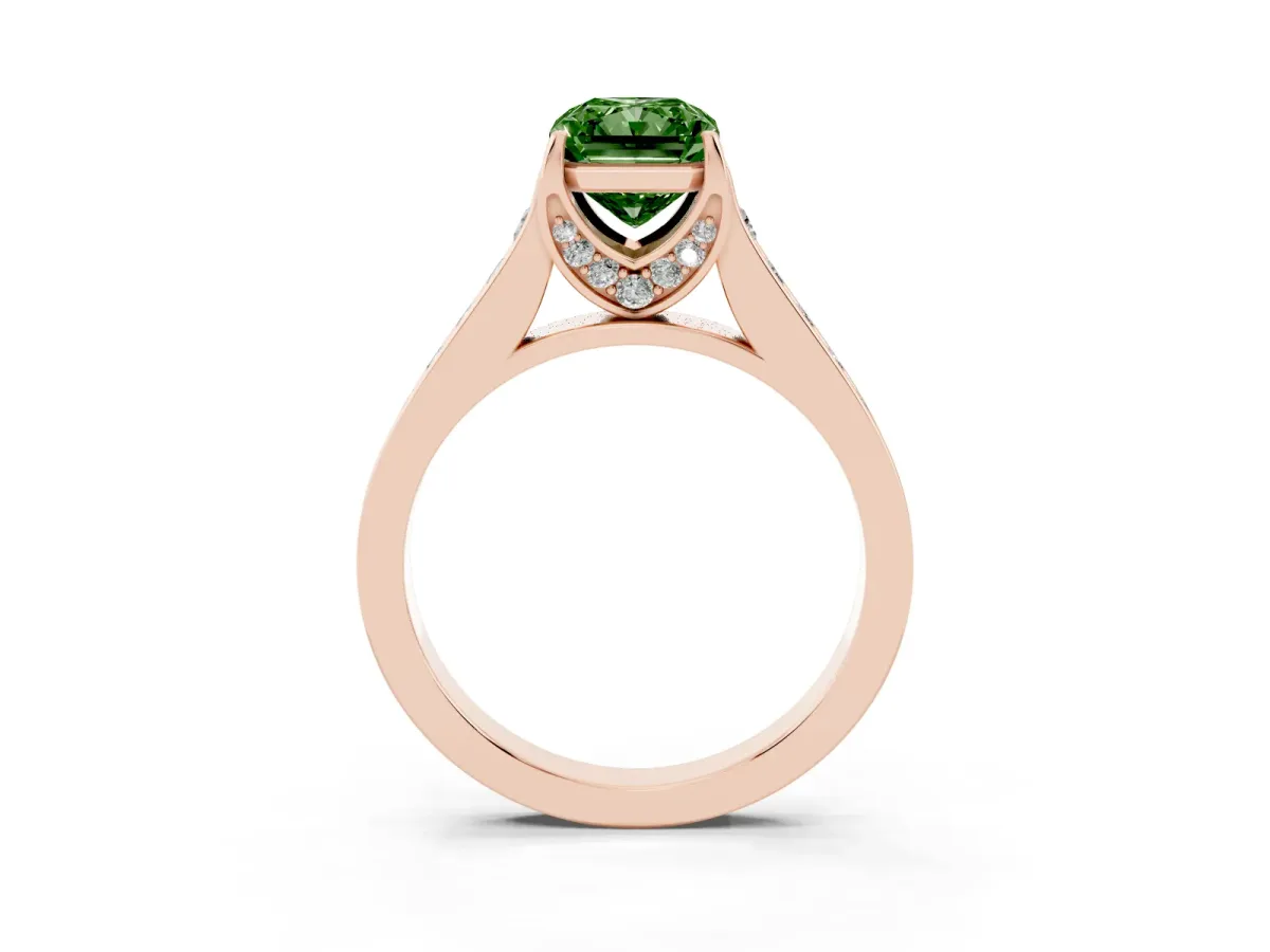 Fancy Green Radiant Cut Brilliant Cut Diamond Engagement Ring with Pavé Band and Four-Prong Setting Rose gold