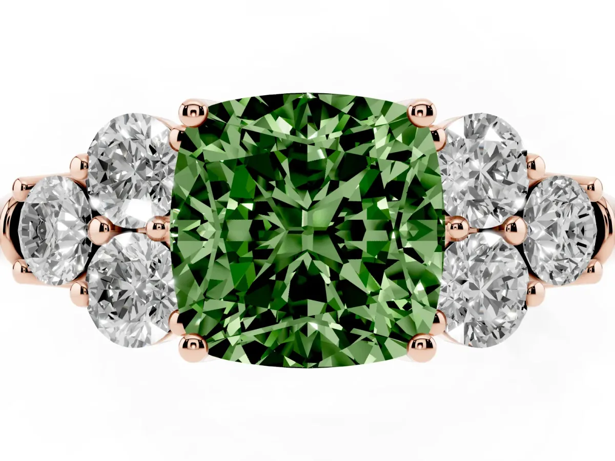 Fancy Green Cushion Cut Cut Diamond Cluster Ring with Round Accent Stones and Prong Setting on a Classic Band Rose gold