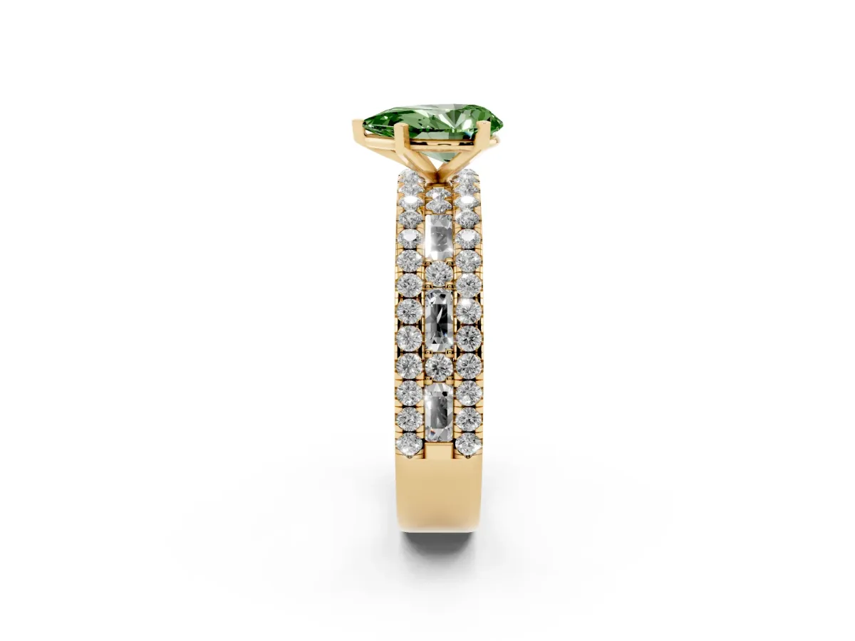 Fancy Green Pear Cut Diamond Solitaire Ring with Pavé and Channel Set Band Yellow gold