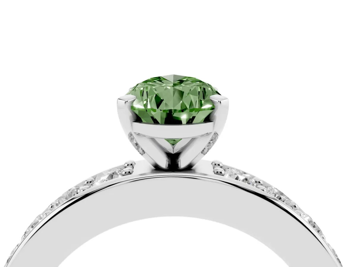 Fancy Green Pear Cut Diamond Engagement Ring with Channel Set Round Band and Prong Setting Platinum