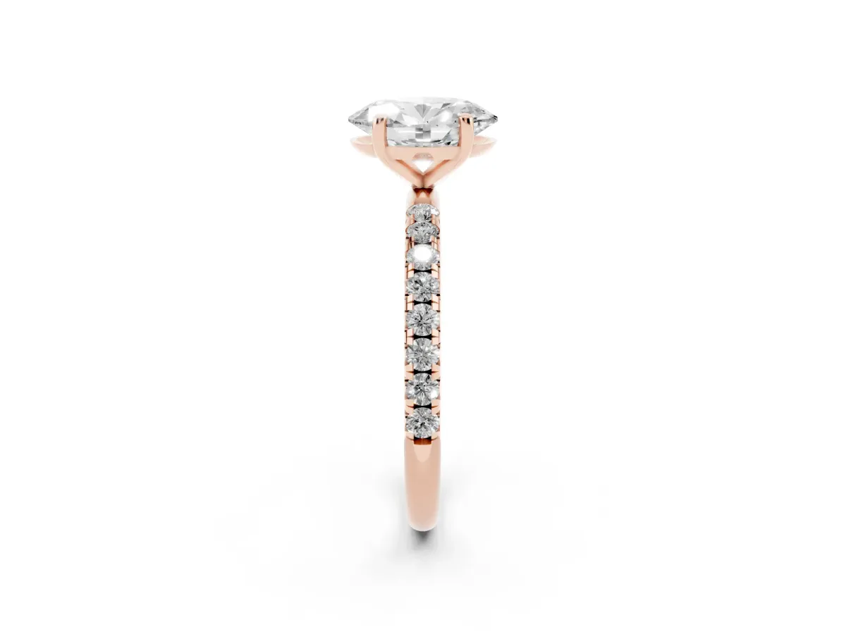 Oval Cut Cut Diamond Solitaire Ring with Micro Pave Band and Four Prong Setting Rose gold