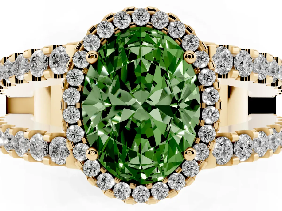 Fancy Green Oval Cut Cut Halo Split Shank Diamond Ring with Four-Prong Setting Yellow gold