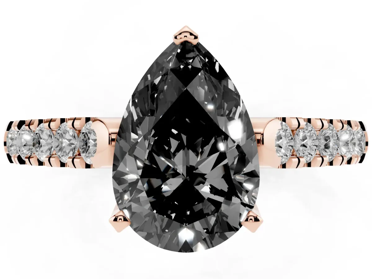 Fancy Black Pear Cut Diamond Pavé Band Solitaire Ring with Prong Setting Rose gold