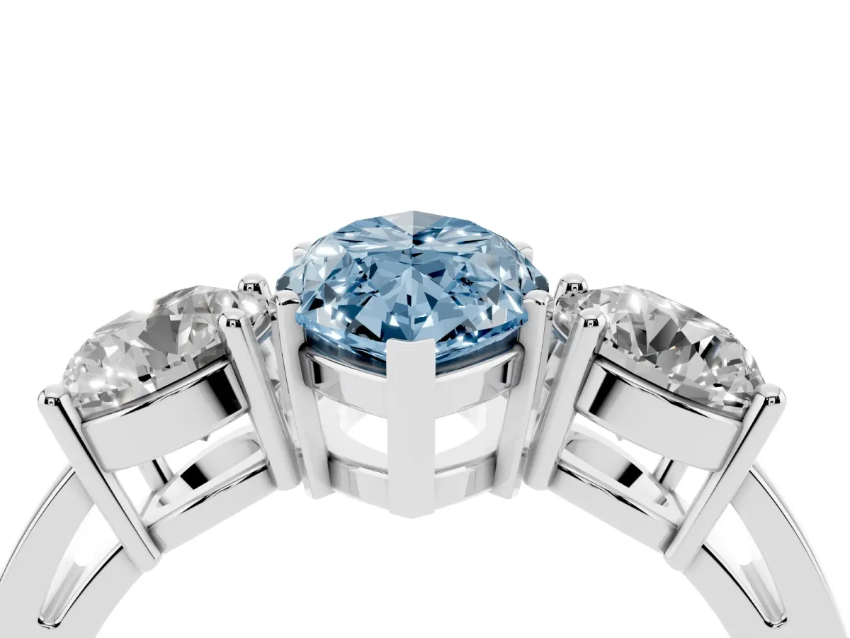 Fancy Blue Three-Stone Marquise Cut Diamond Ring with Round Side Stones, Classic Band, and Four-Prong Setting Platinum