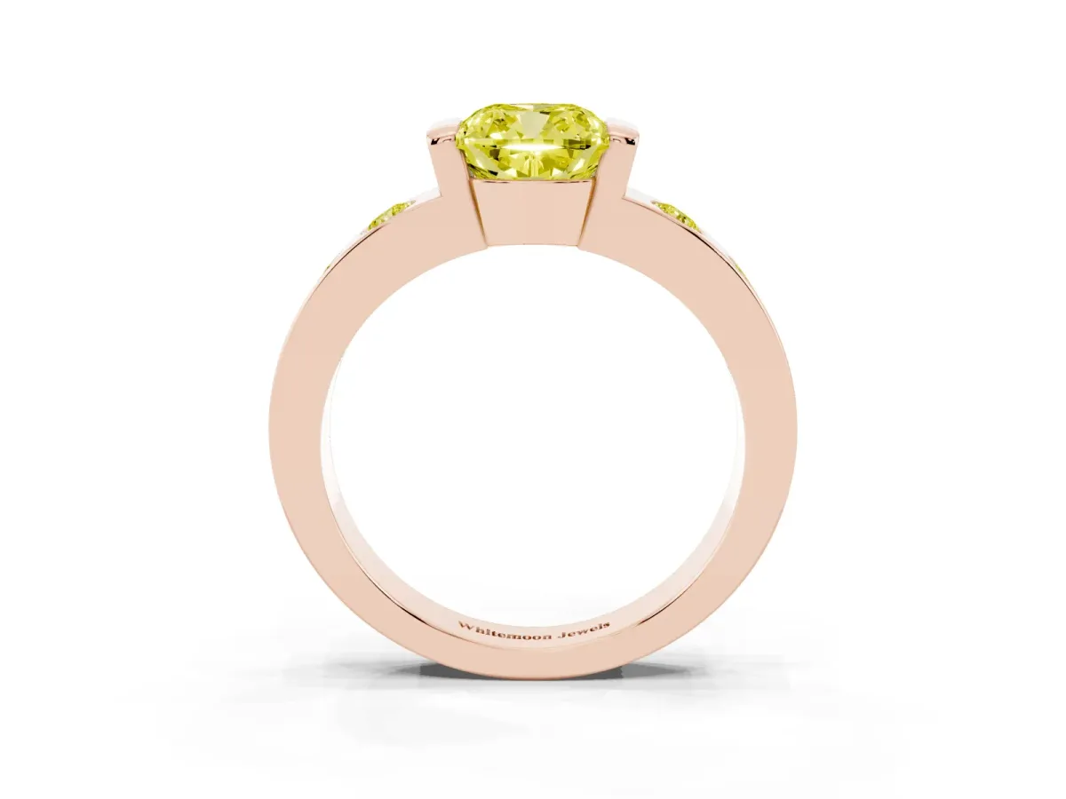 Fancy Yellow Cushion Cut Brilliant Channel-Set Diamond Ring with Bezel Prong Setting Rose gold