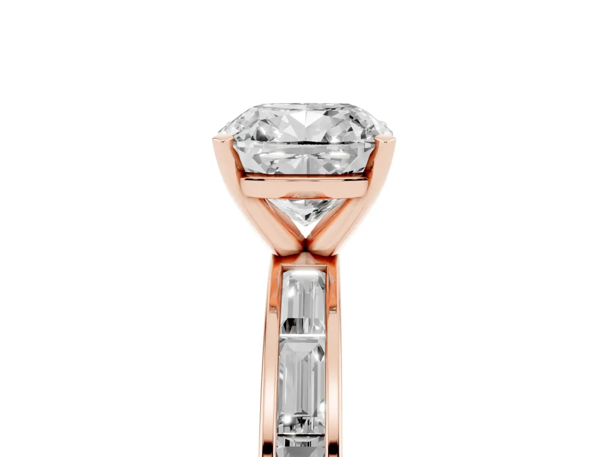 Cushion Cut Solitaire Diamond Ring with Channel-Set Baguette Band and Four-Prong Setting Rose gold