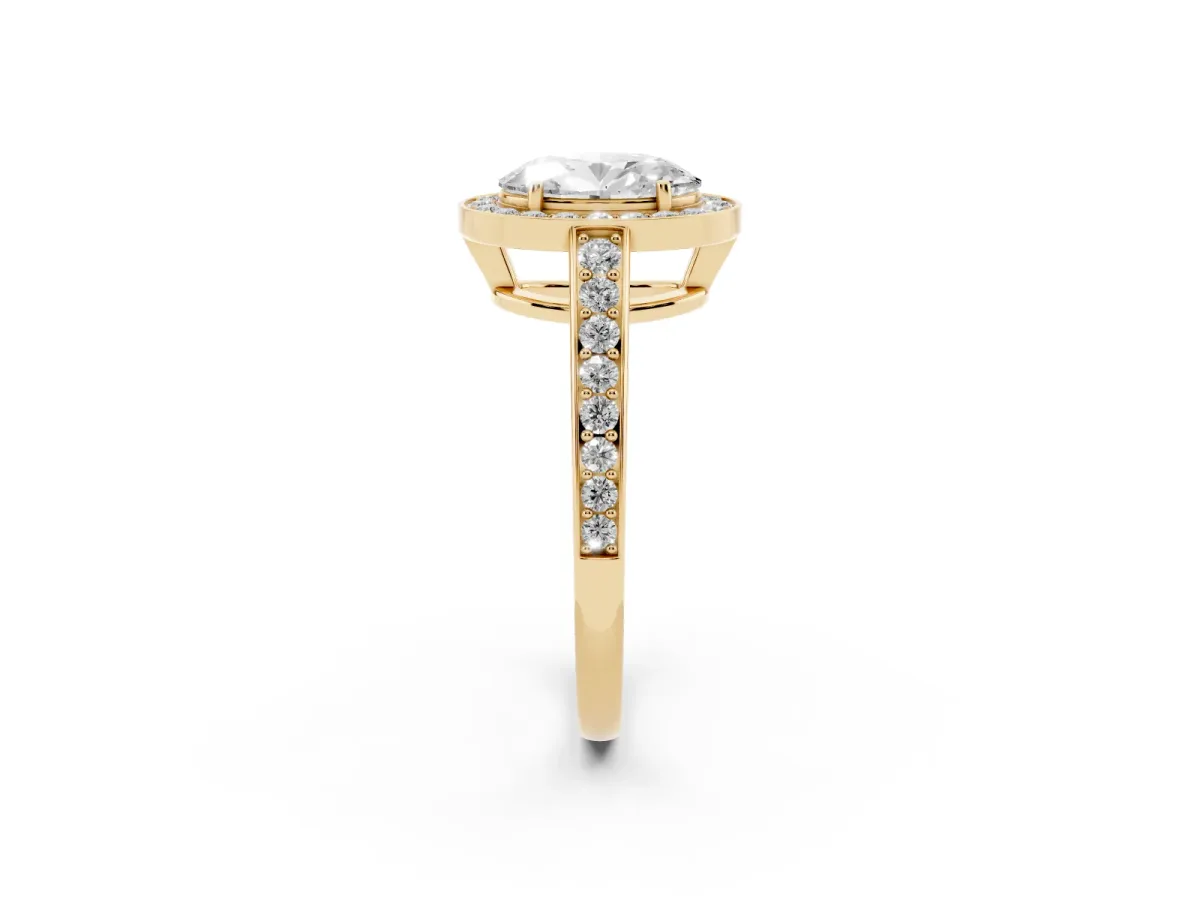 Oval Cut Halo Pavé Diamond Engagement Ring with Bezel Setting Yellow gold