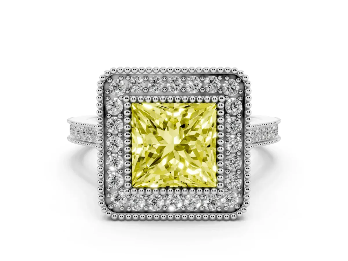 Fancy Yellow Princess Cut Diamond Halo Ring with Milgrain Frame and Pavé Band White gold
