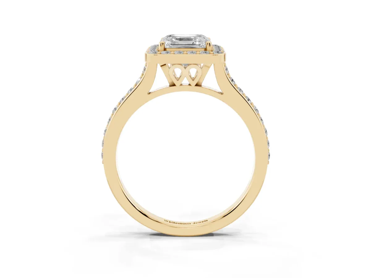 Asscher Cut Diamond Halo Engagement Ring with Round Pavé Shoulders and Prong Setting Yellow gold