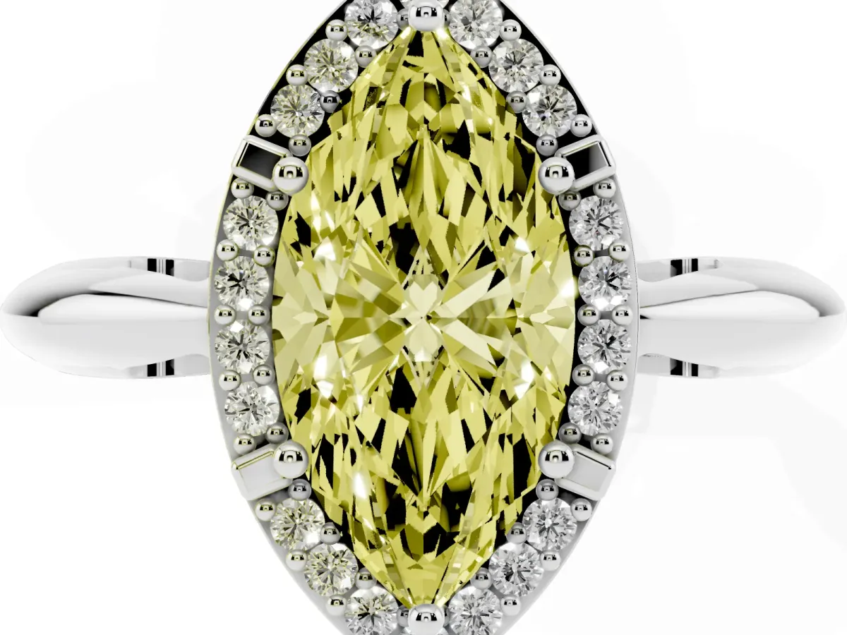 Fancy Yellow Marquise Cut Cut Diamond Halo Engagement Ring with Split Shank and Four-Prong Setting Silver