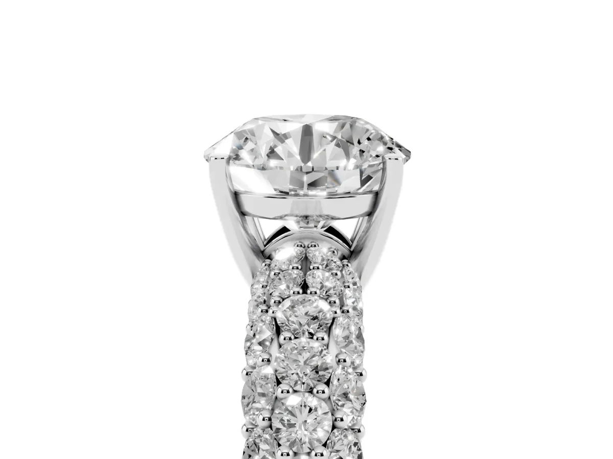 Round Cut Diamond Pavé Band Solitaire Ring with Four-Prong Setting Silver