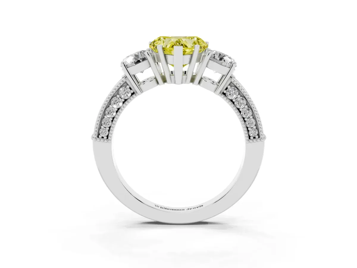 Fancy Yellow Heart Cut Three-Stone Diamond Ring with Pavé Band and Four-Prong Setting Silver