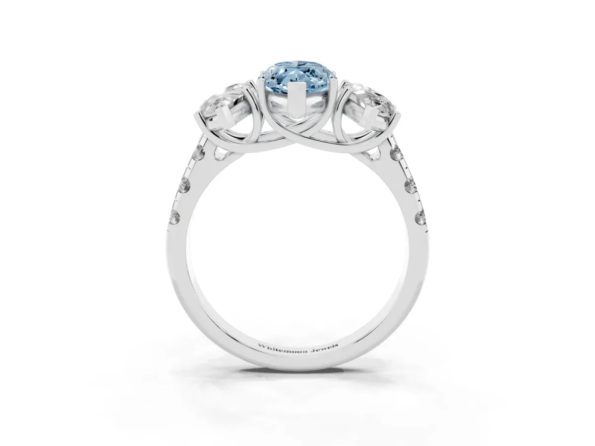 Fancy Blue Three-Stone Marquise Cut Diamond Pavé Band with Prong Setting Platinum