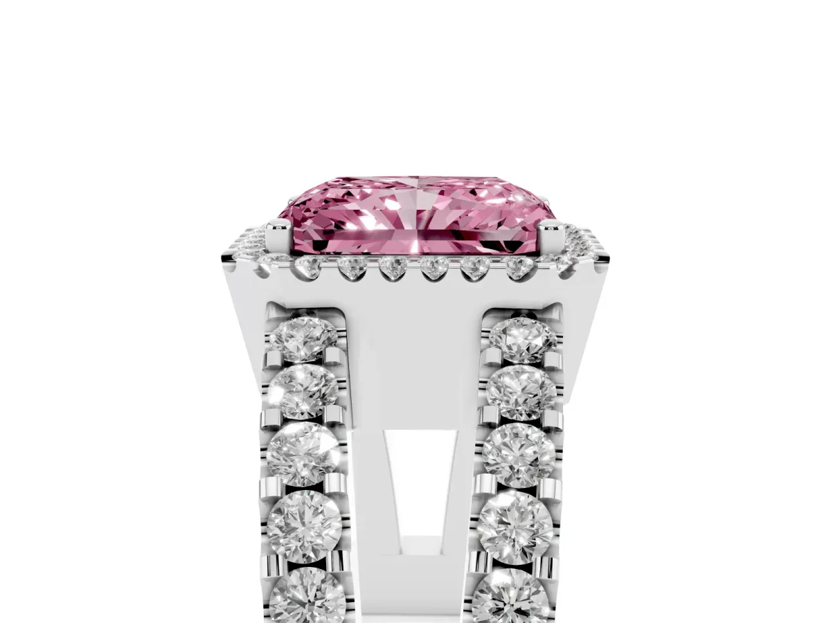 Fancy Pink Radiant Cut Cut Halo Split Shank Diamond Ring with Four-Prong Setting Silver