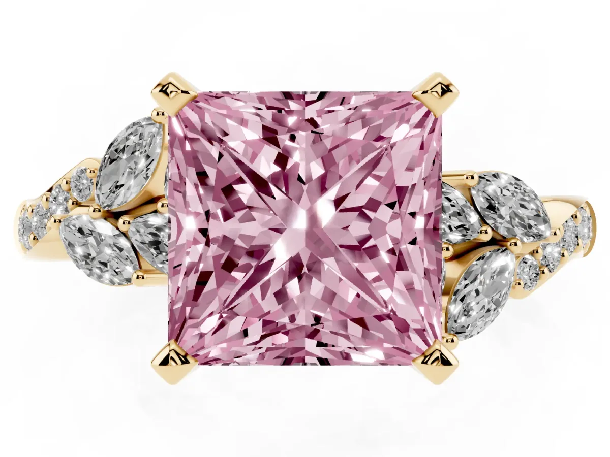 Fancy Pink Princess Cut Solitaire Marquise Twist Band with Six-Prong Setting Yellow gold