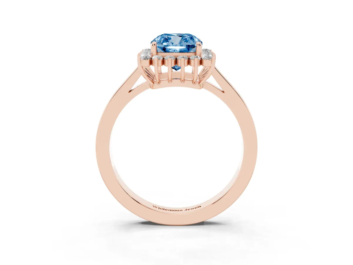 Fancy Blue Cushion Cut Cut Diamond Halo Ring with Round Brilliant Halo and Solitaire Band Rose gold