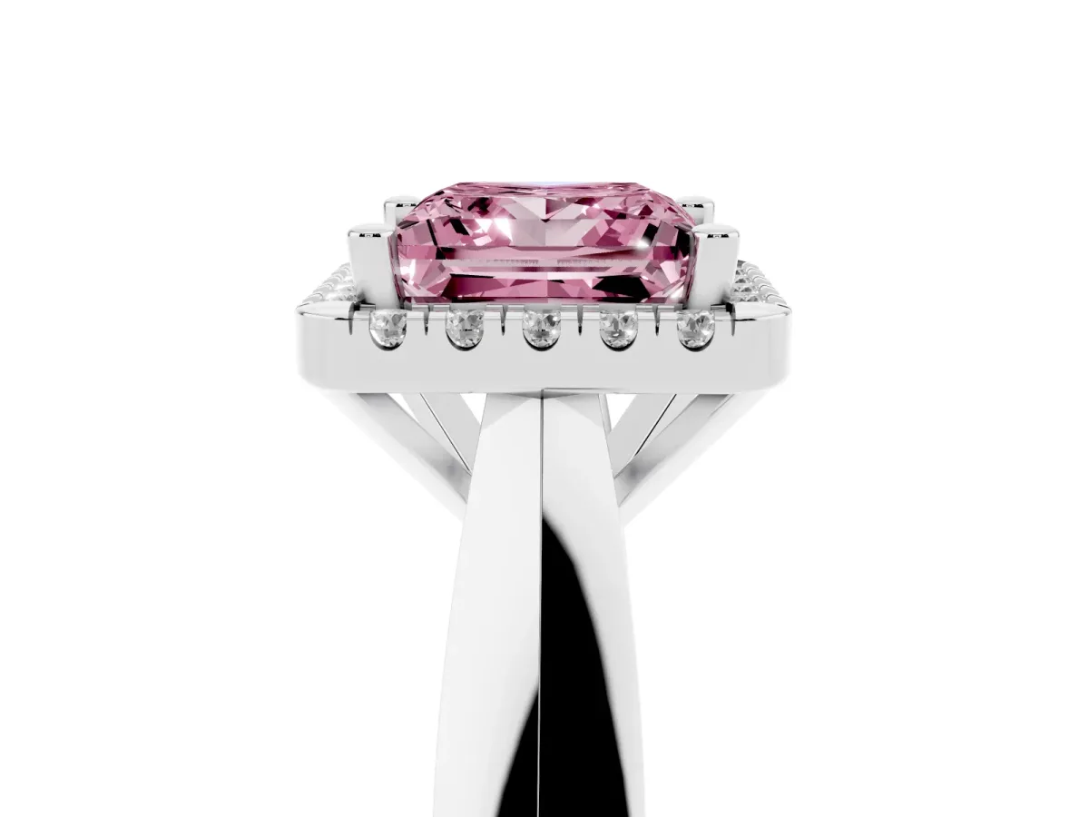 Fancy Pink Princess Cut Cut Halo Solitaire Engagement Ring with Square Band and Four-Prong Setting White gold