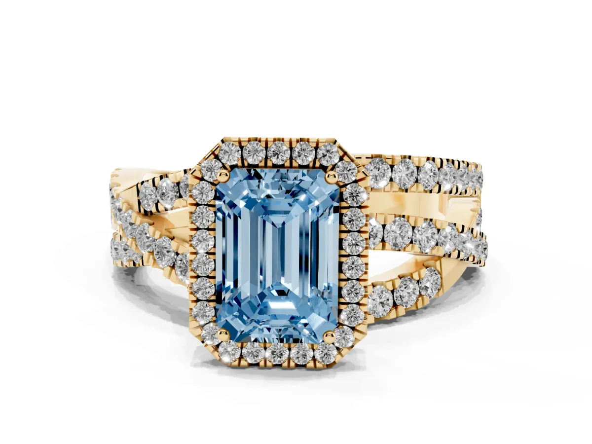 Fancy Blue Emerald Cut Diamond Halo Ring with Round Split Shank and Prong Setting Yellow gold