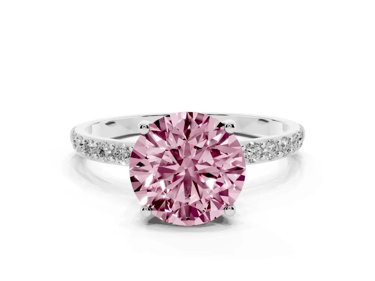 Fancy Pink Round Cut Diamond Solitaire Ring with Round Pavé Shoulders and Prong Setting Silver