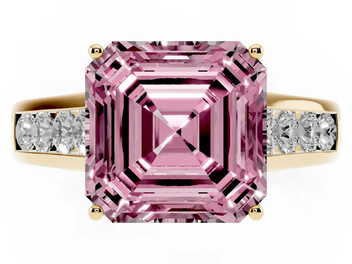 Fancy Pink Asscher Cut Brilliant Channel-Set Solitaire Ring with Four-Prong Setting Yellow gold