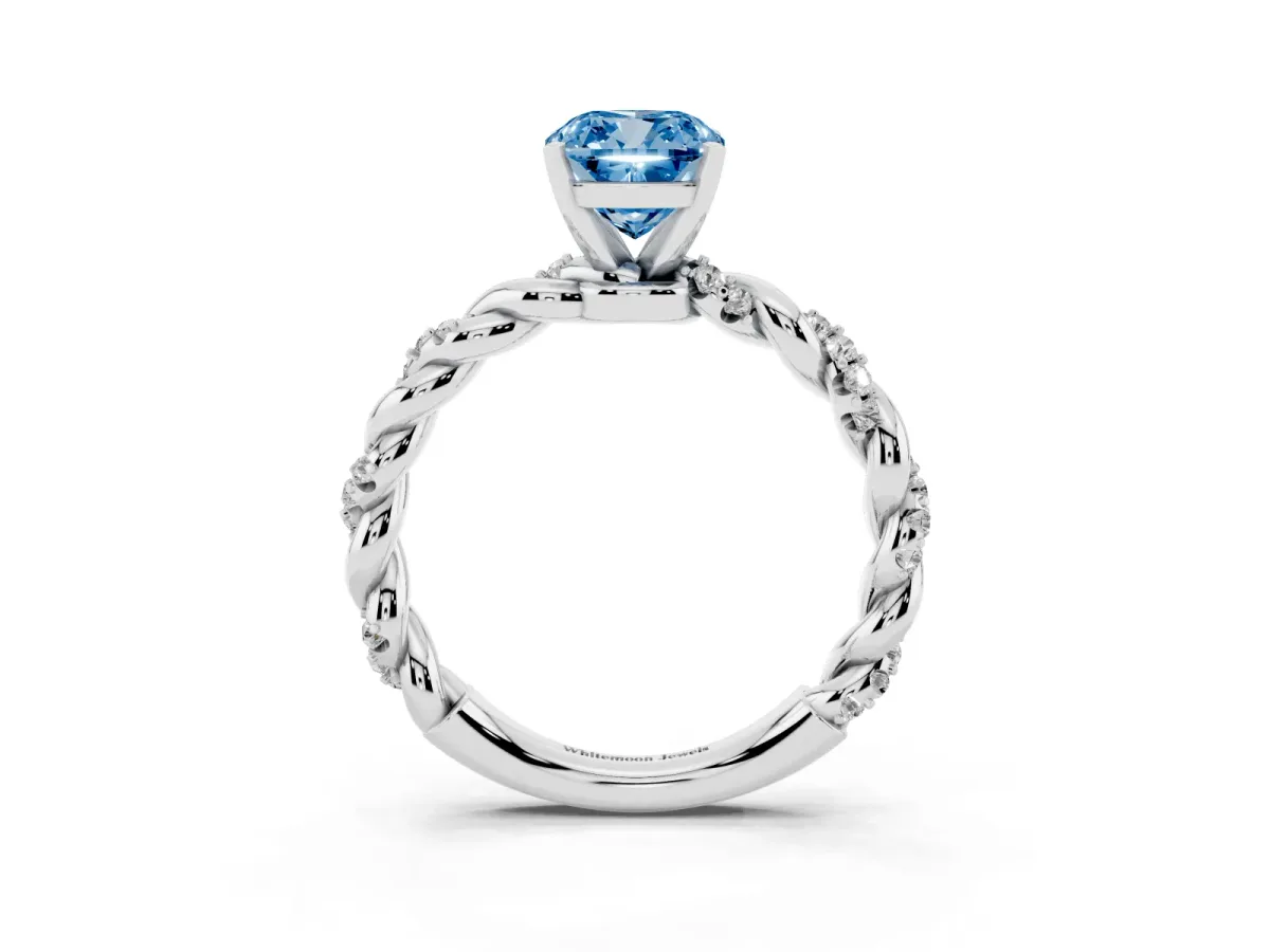 Fancy Blue Cushion Cut Diamond Solitaire Ring with Twisted Band and Pavé Accents Platinum