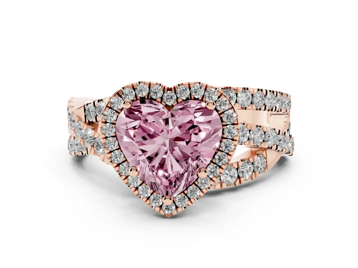 Fancy Pink Heart Cut Diamond Halo Ring with Round Split Shank and Prong Setting Rose gold