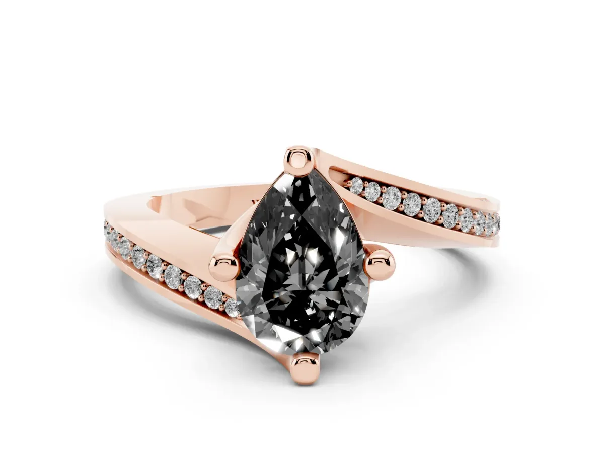 Fancy Black Pear Cut Solitaire Diamond Twist Band with Pavé Setting and Four-Prong Setting Rose gold