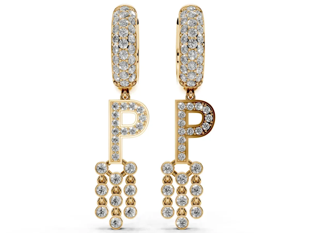 Round Diamond Initial P Huggie Hoop Earrings Yellow gold
