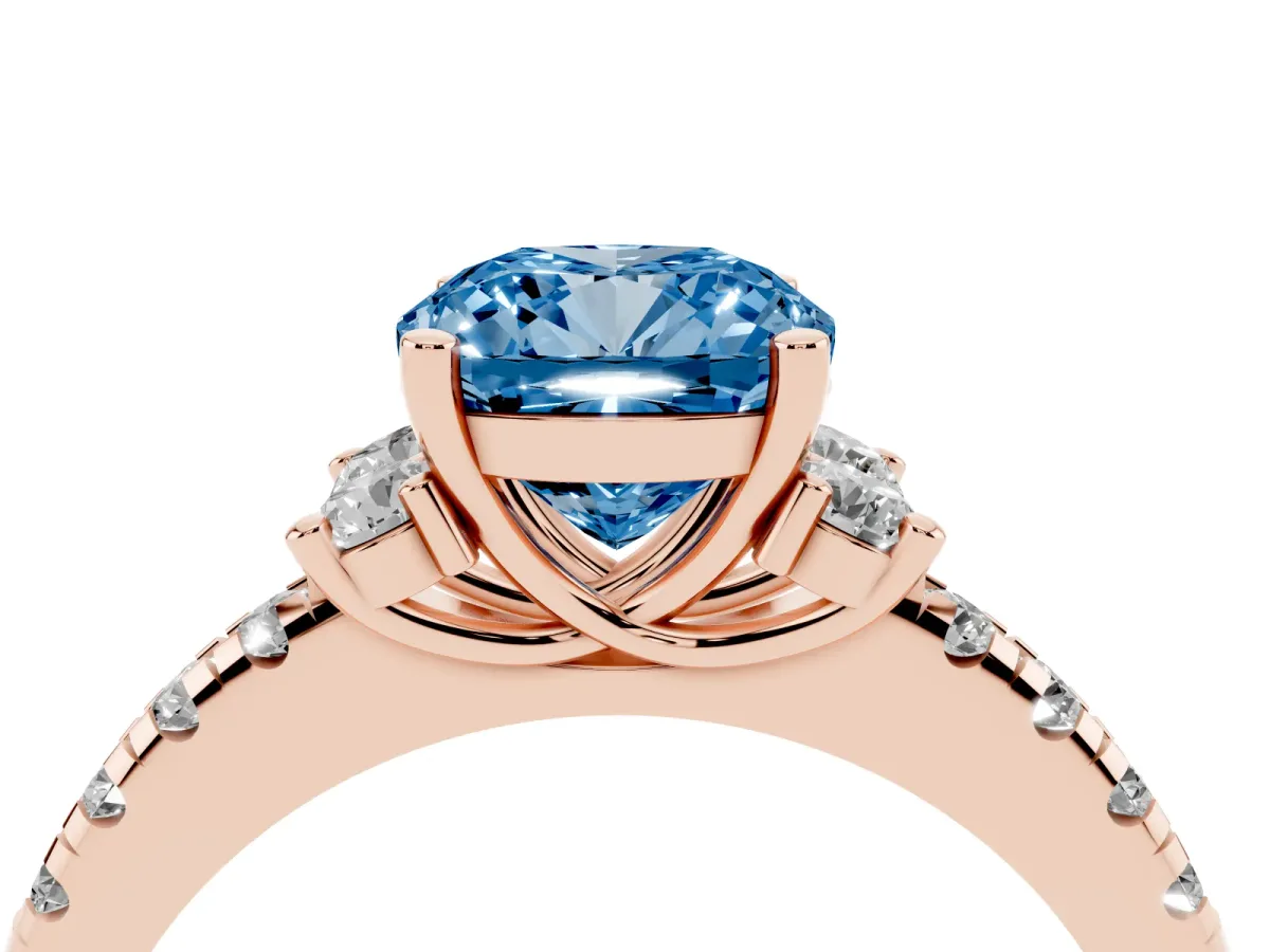 Fancy Blue Cushion Cut Diamond Three-Stone Pave Band with Four-Prong Setting Rose gold