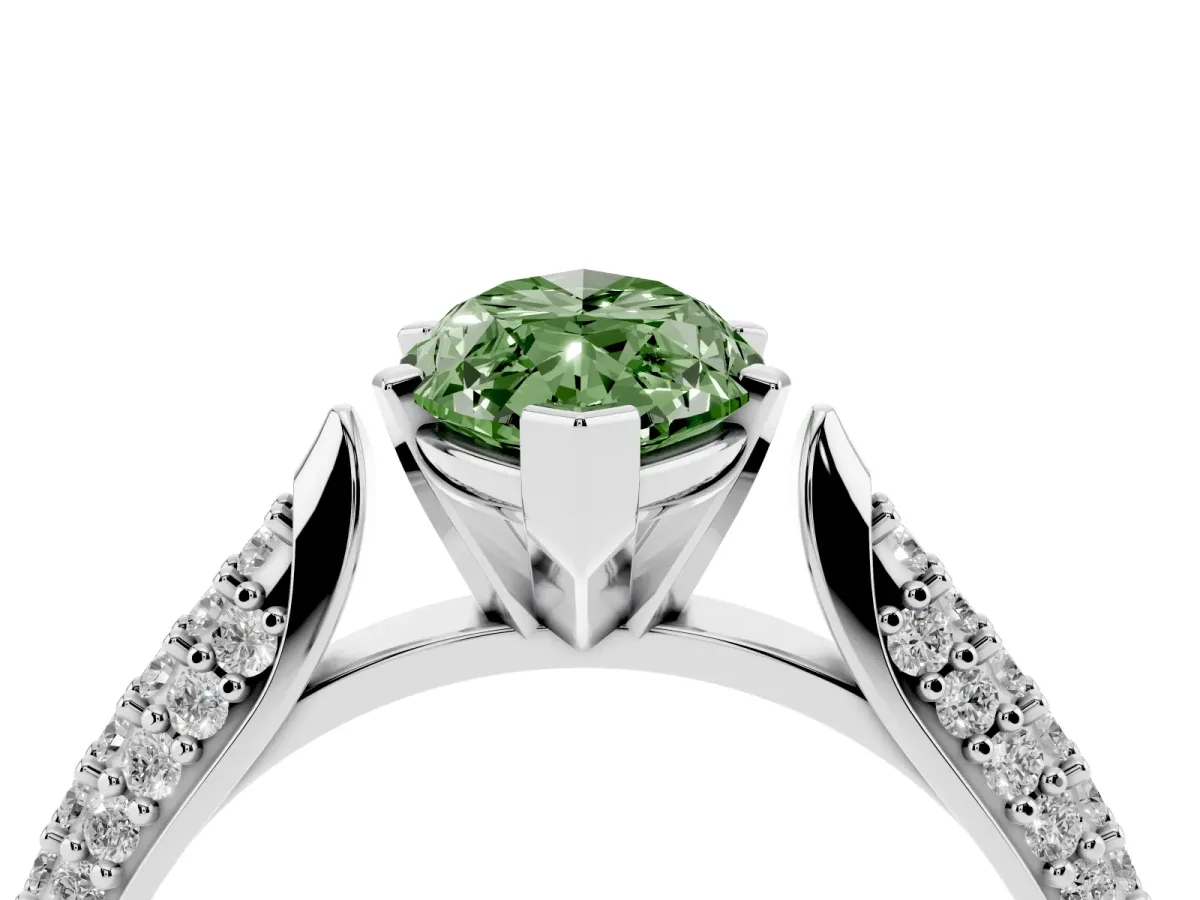 Fancy Green Marquise Cut Diamond Solitaire Engagement Ring with Multi-Row Round Pavé Band and Prong Setting Silver