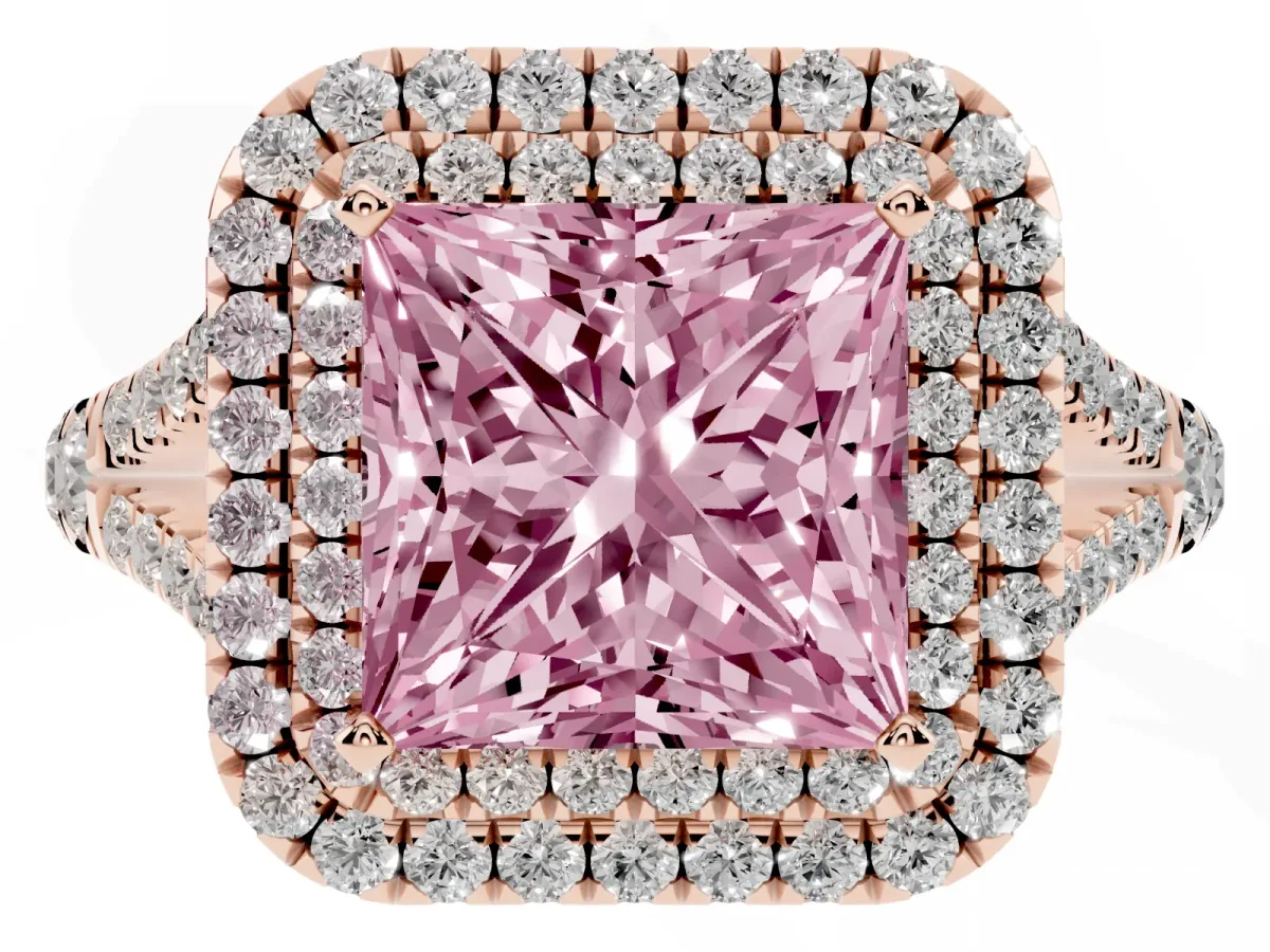 Fancy Pink Princess Cut Cut Double Halo Split Shank Diamond Ring with Prong Setting Rose gold