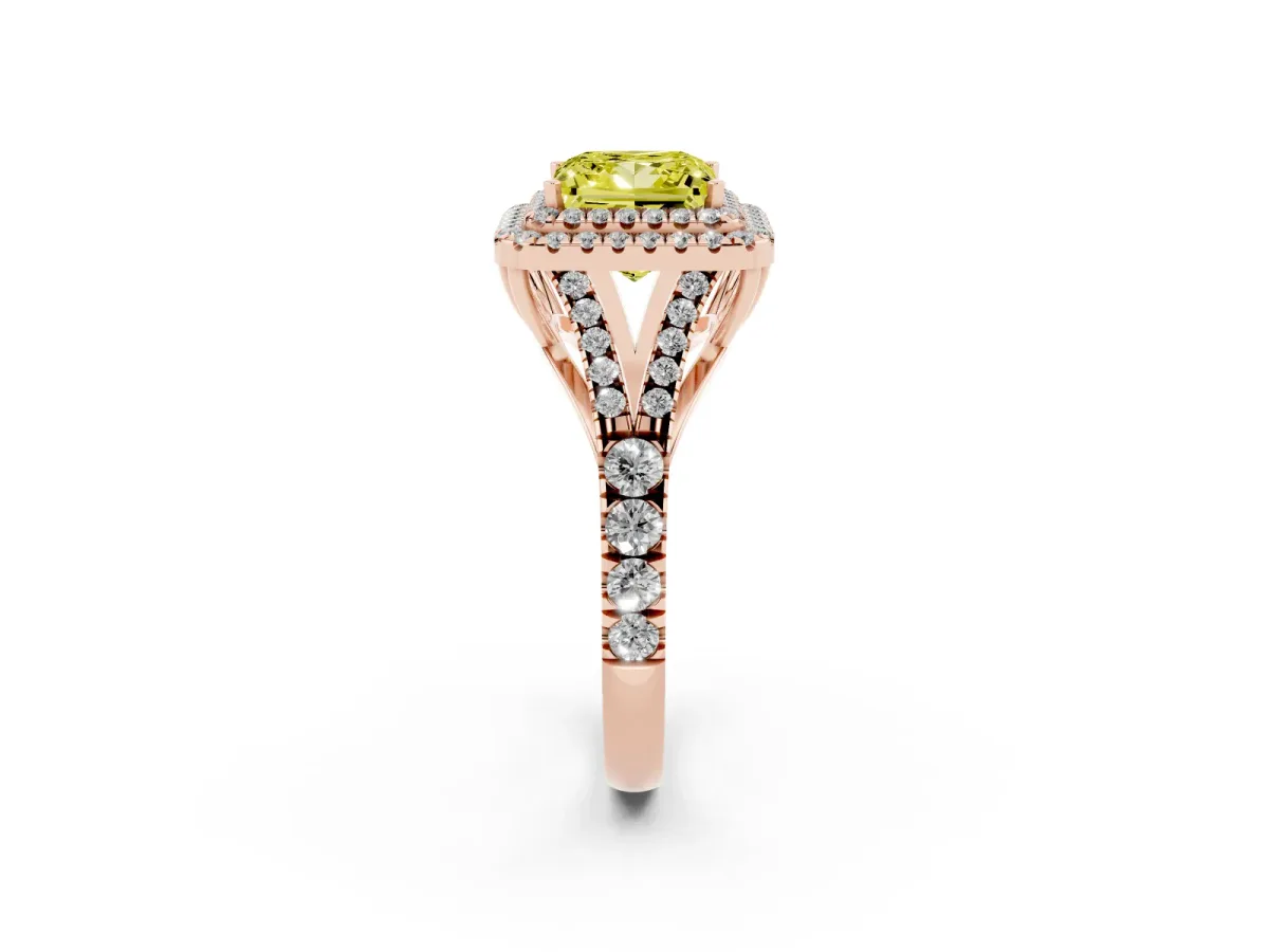 Fancy Yellow Princess Cut Diamond Pavé Split Shank Double Halo Engagement Ring Rose gold