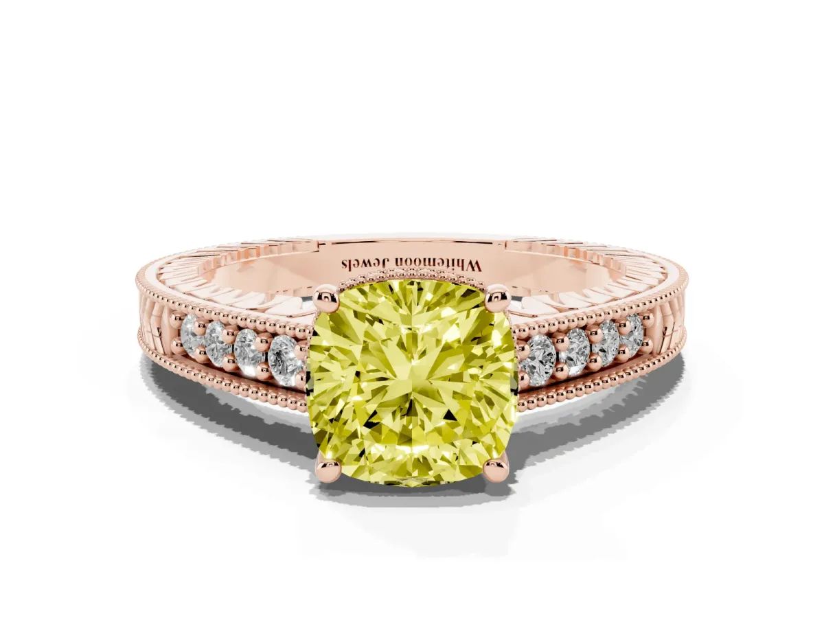 Fancy Yellow Cushion Cut Solitaire Pavé Diamond Milgrain Engagement Ring with Four-Prong Setting Rose gold