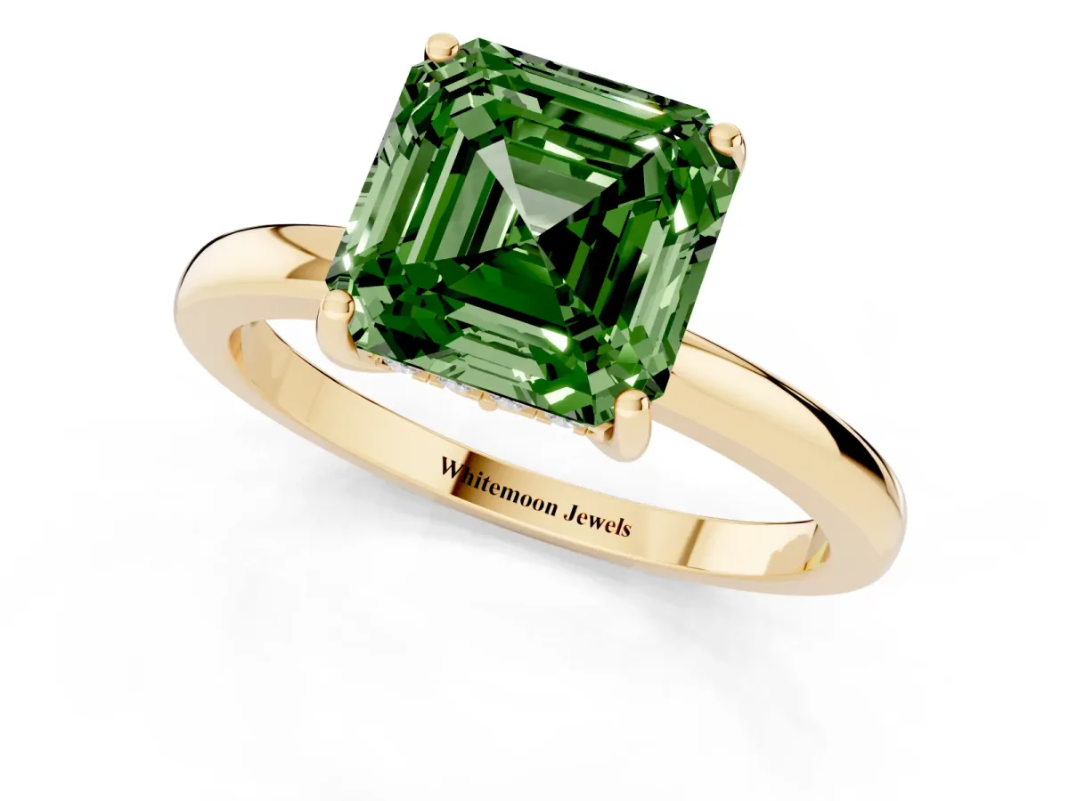 Fancy Green Asscher Cut Solitaire Diamond Ring with Prong Setting and Plain Band Yellow gold