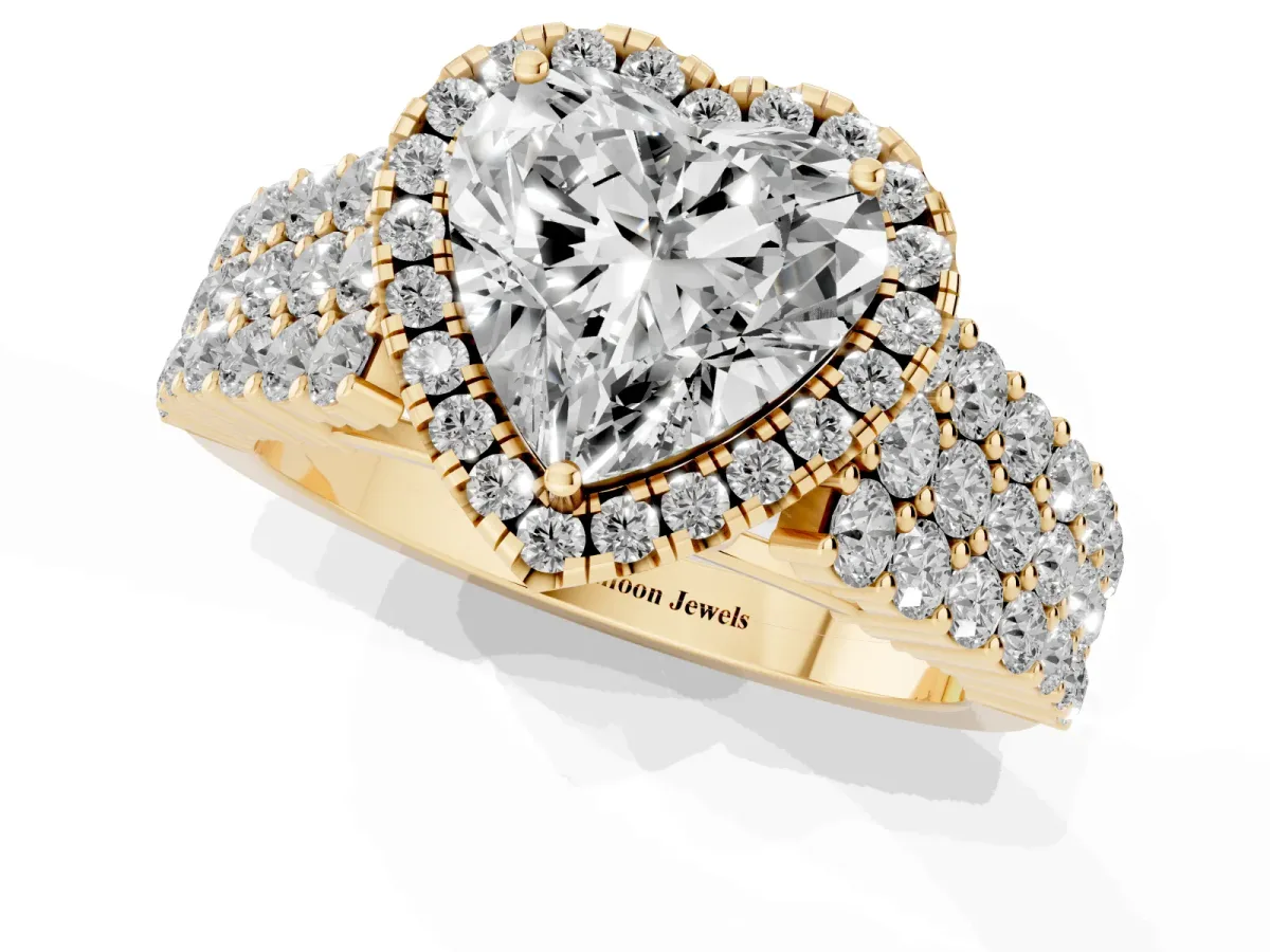 Heart Cut Diamond Halo Engagement Ring with Triple Row Round Pavé Band and Prong Setting Yellow gold