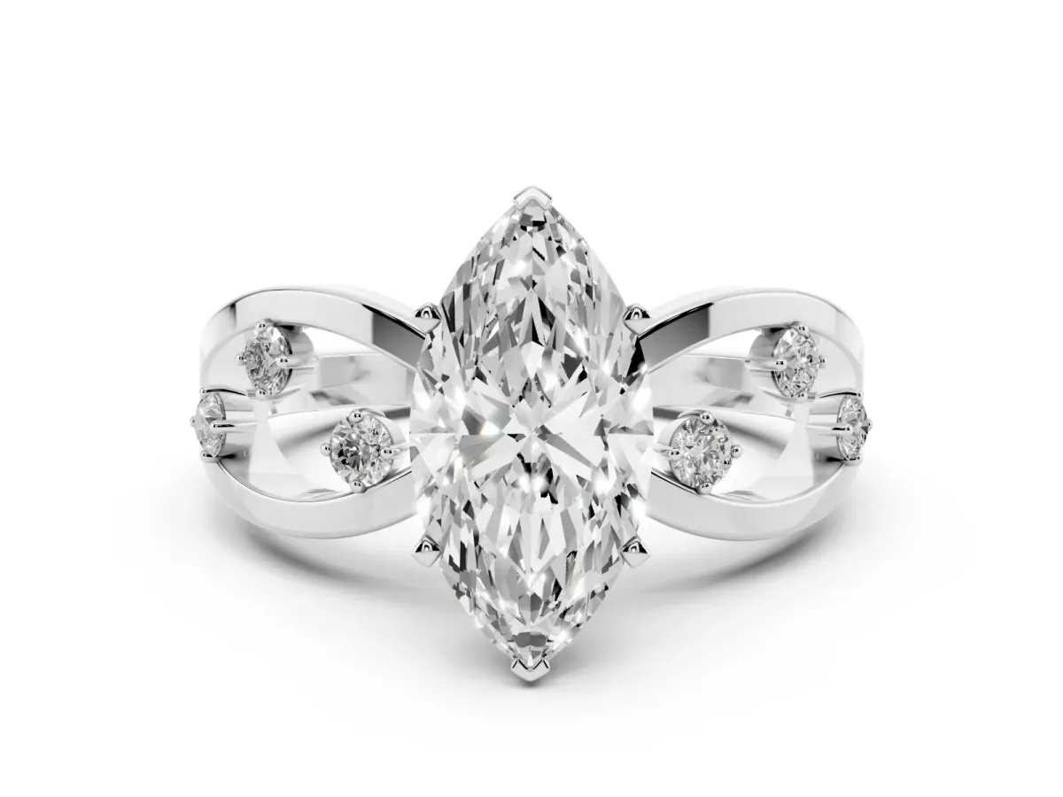 Marquise Cut Cut Solitaire Diamond with Side Stones on Criss-Cross Band and Four-Prong Setting Silver