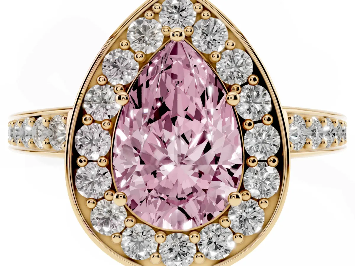 Fancy Pink Pear Cut Halo Pavé Diamond Engagement Ring with Bezel Setting Yellow gold