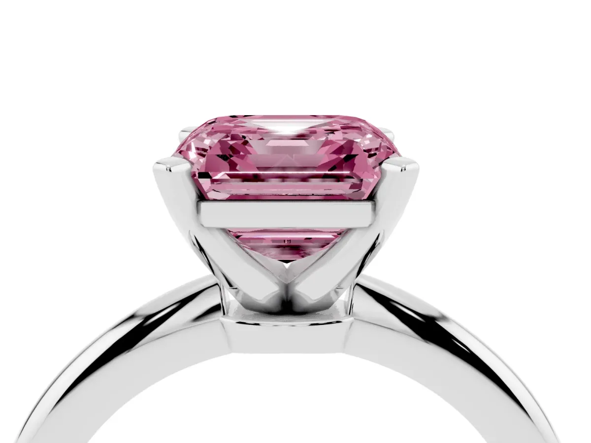 Fancy Pink Asscher Cut Diamond Solitaire Ring with Prong Setting and Classic Band Silver