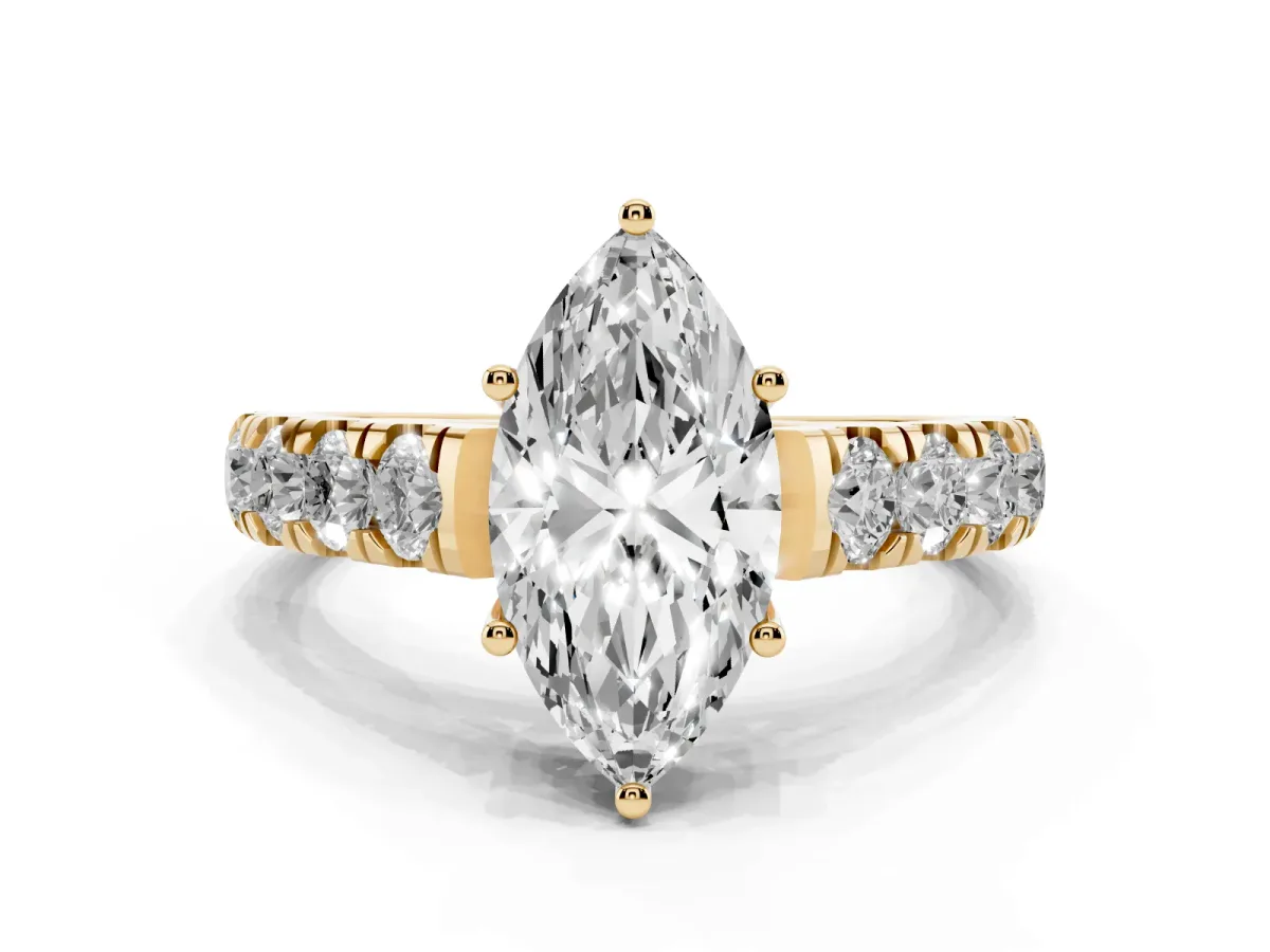 Marquise Cut Cut Diamond Solitaire Ring with Micro Pave Band and Prong Setting Yellow gold