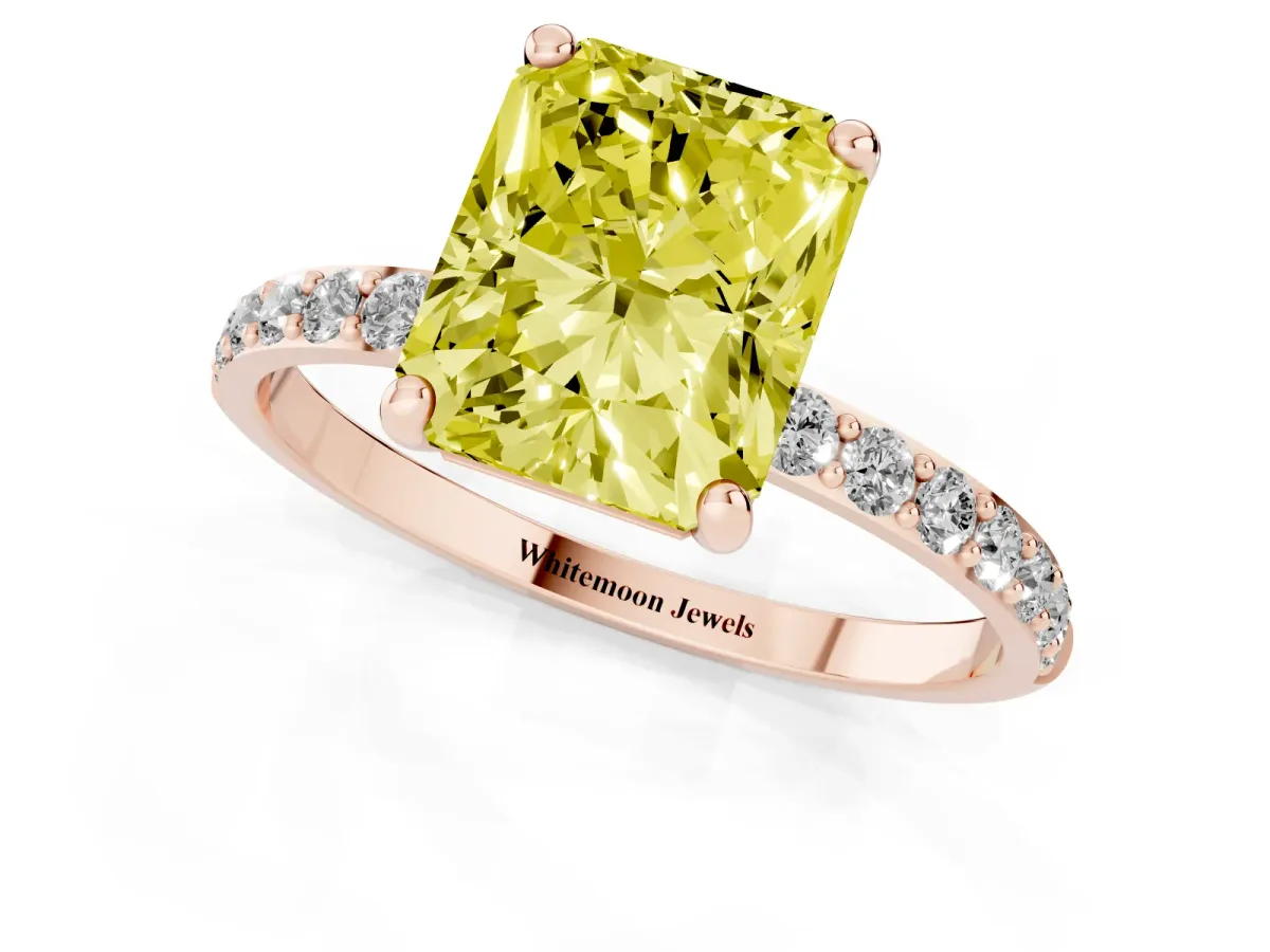 Fancy Yellow Radiant Cut Diamond Solitaire Ring with Round Pavé Band and Prong Setting Rose gold