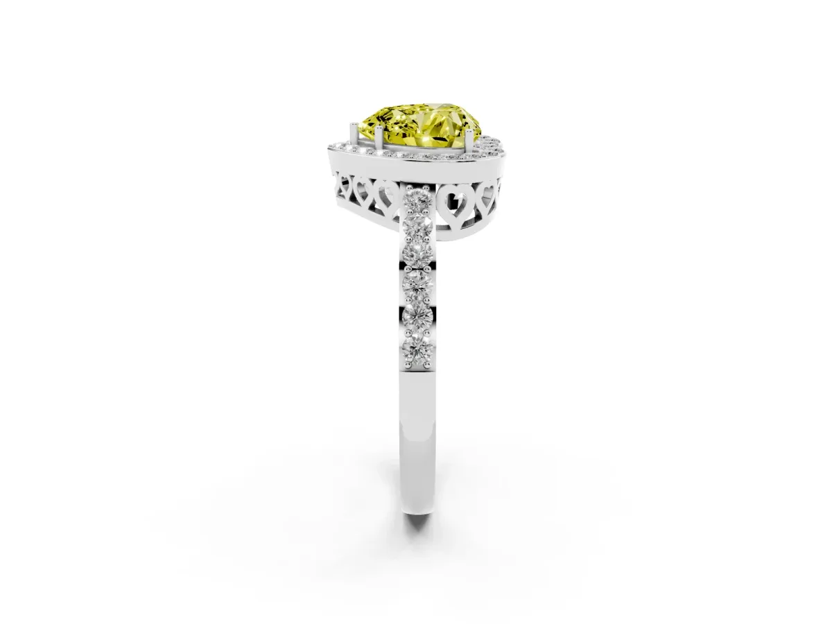 Fancy Yellow Heart Cut Halo Diamond Pavé Band Ring with Prong Setting Silver