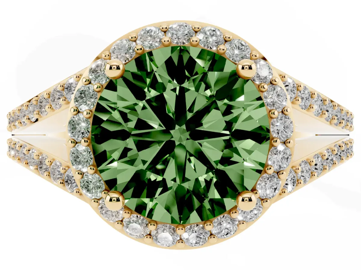 Fancy Green Round Cut Halo Split Shank Diamond Ring with Prong Setting Yellow gold