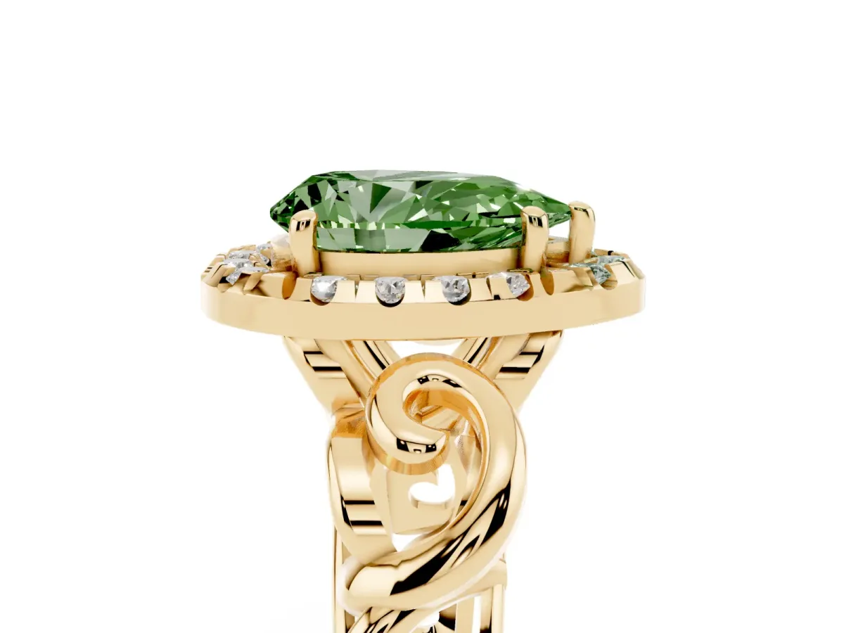 Fancy Green Pear Cut Cut Halo Diamond Ring with Scrollwork Band and Four-Prong Setting Yellow gold