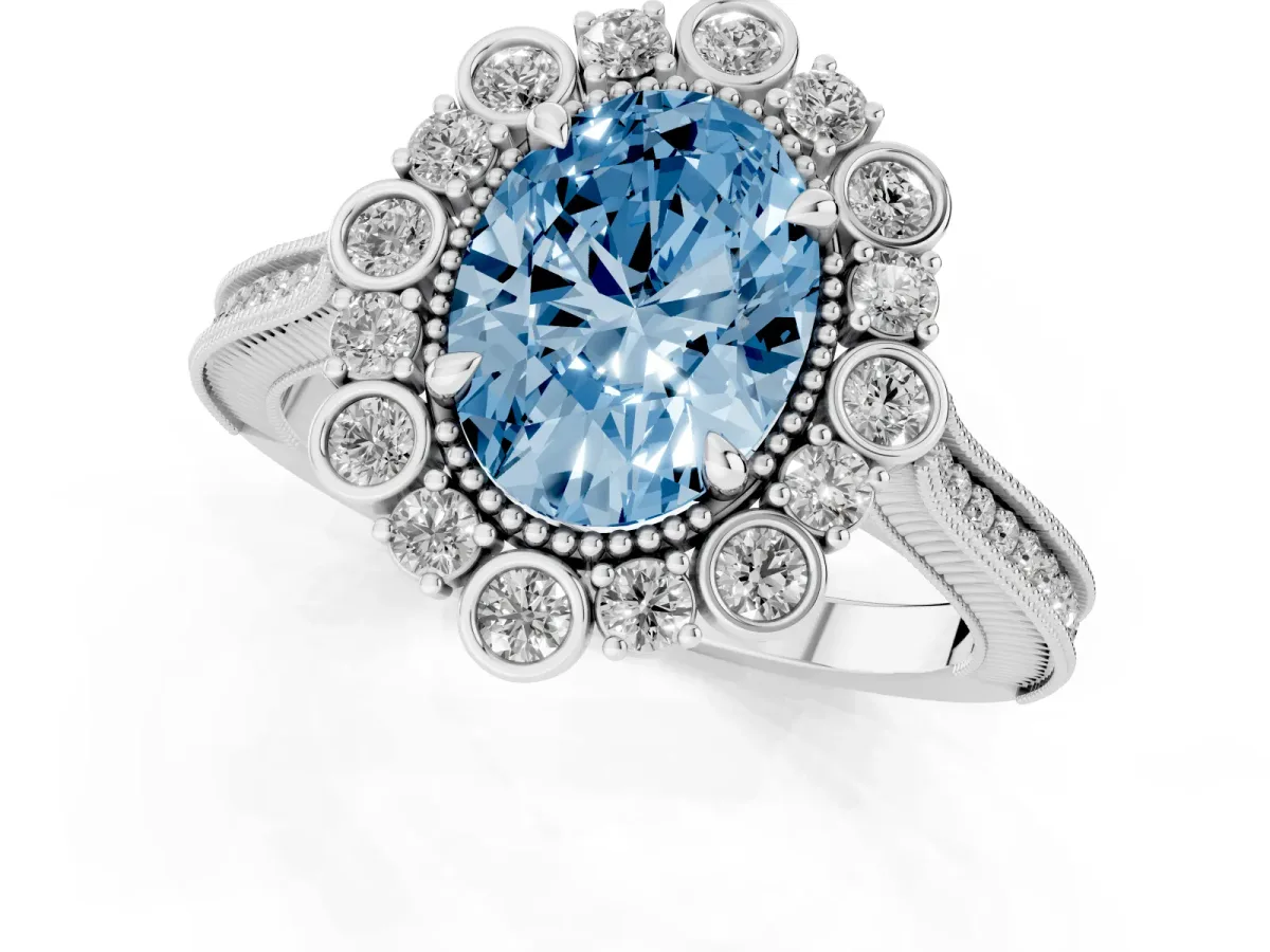 Fancy Blue Oval Cut Halo Milgrain Pave Diamond Ring with Four-Prong Setting Platinum