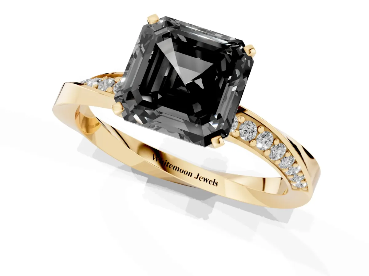 Fancy Black Asscher Cut Diamond Engagement Ring with Side Stone Accents and Four-Prong Setting Yellow gold
