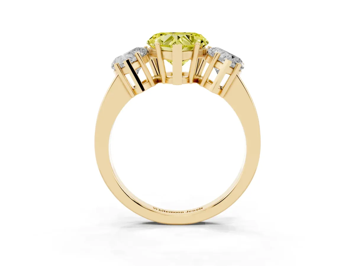 Fancy Yellow Three-Stone Heart Cut Cut Diamond Engagement Ring with Flat Band and Four-Prong Setting Yellow gold