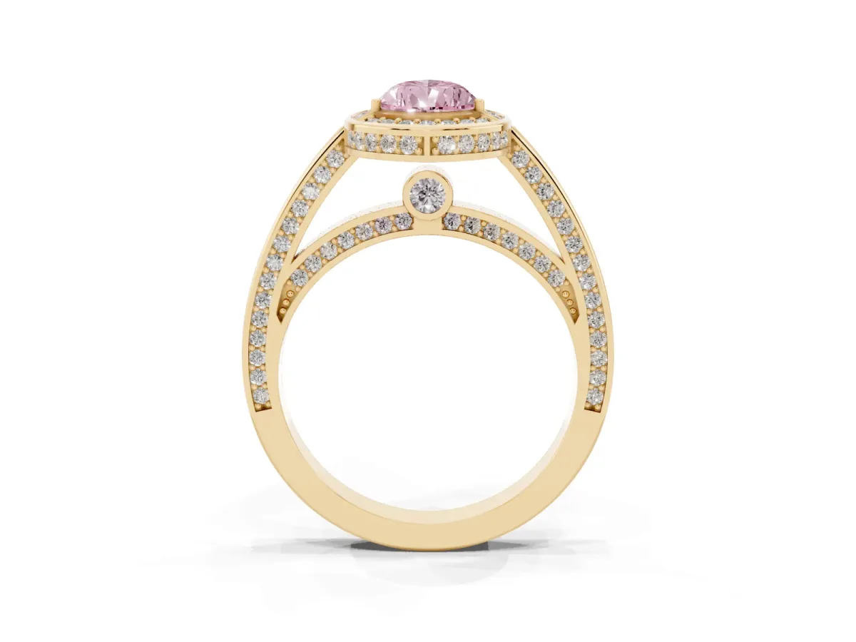 Fancy Pink Pear Cut Cut Halo Pave Split Shank Prong Setting Ring Yellow gold